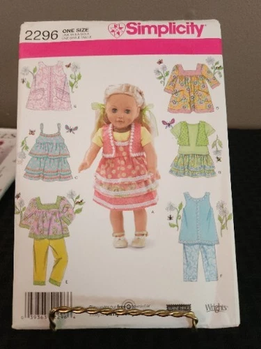 Simplicity Pattern # 2296 - 18" Doll Clothes - Top, Jumper, Vest, Shirt 