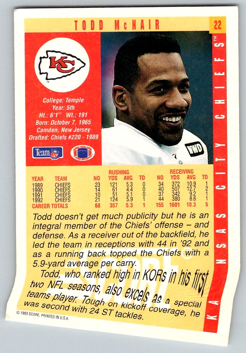 激レア　1993年 Jリーグ キックオフ カード 1993 SCORE TODD MCNAIR KANSAS CITY CHIEFS #22 | eBay