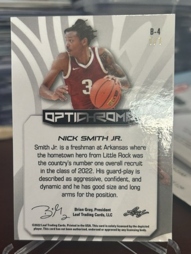 2022-23 Leaf Optichrome Basketball Gold Prismatic Pre-pro 1/1 Nick Smith Jr. SSP - Picture 2 of 2