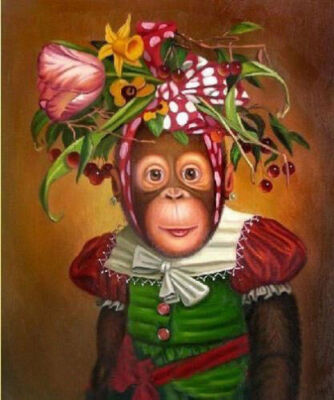 MQ232 Stretched Canvas Frame / Unframed Monkey Flowers On Head Oil Painting