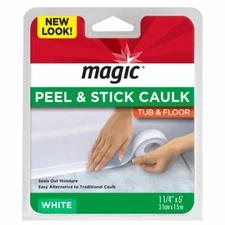 Magic Peel & Stick Caulk Tub & Floor WHITE 1-1/4" x 5' Bathtub Shower Water Seal