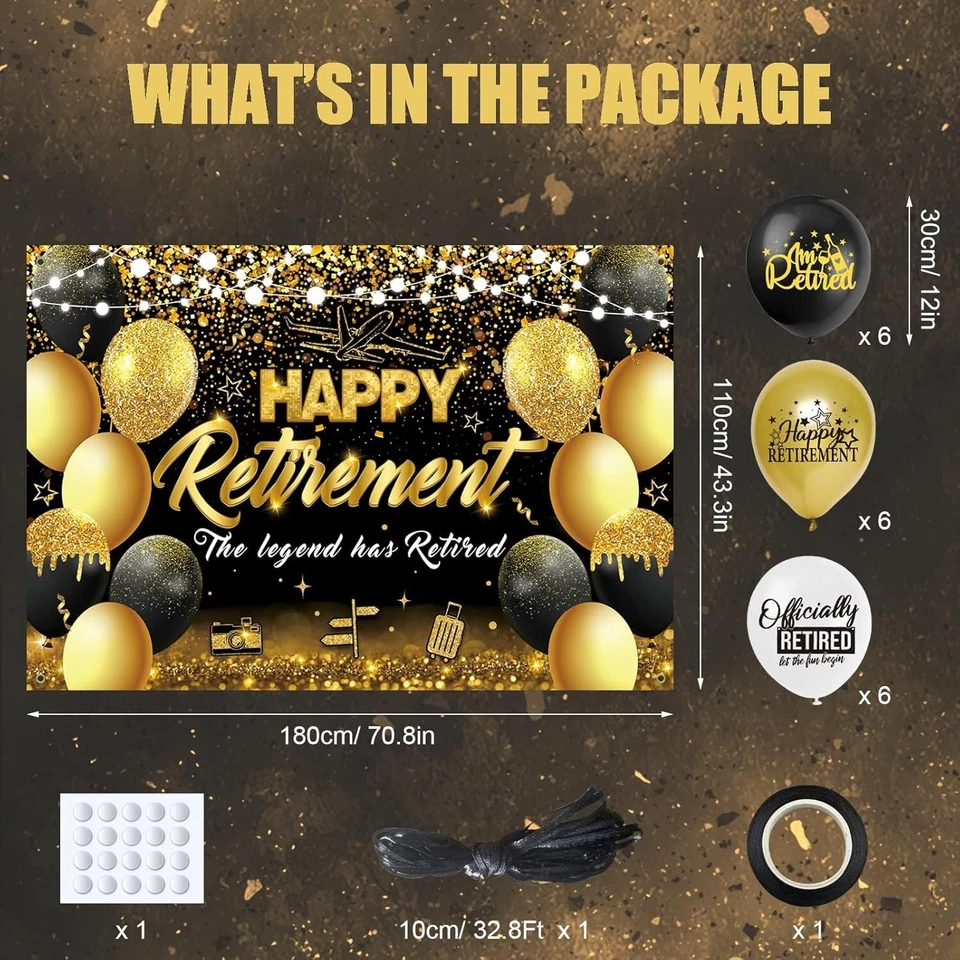 Happy Retirement Banner Black & Gold and 18pcs Balloons -R0180 - Image 2 of 3