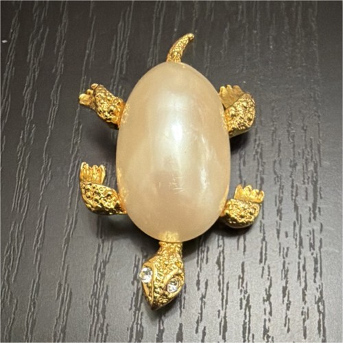 Monet Gold Tone Turtle Brooch with Imitation Pearl and Rhinestone Eyes