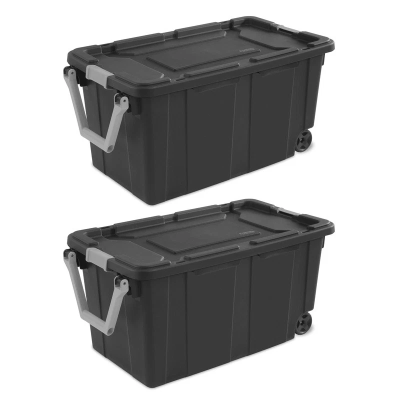 Wheeled Industrial Tote Storage Bin Heavy Duty Plastic Latch Lid Pack of 2 New - Image 2 of 4