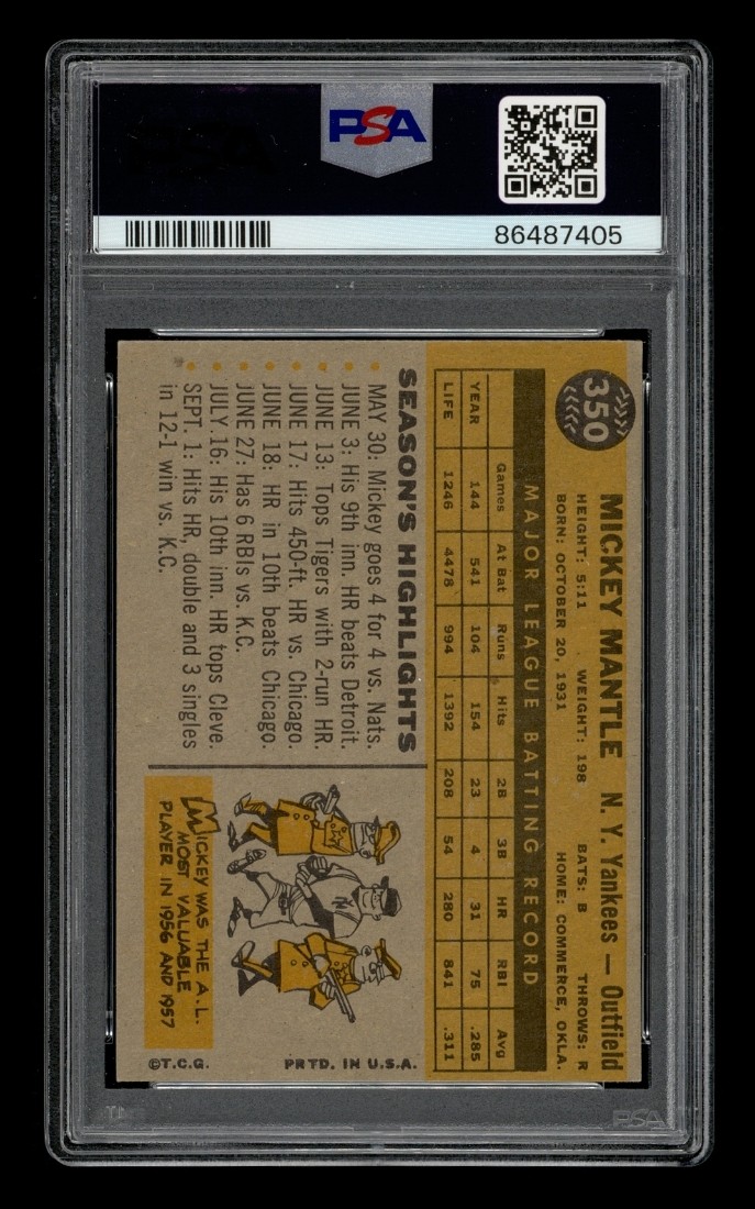 1960 Topps Set-Break #350 Mickey Mantle PSA 6 EX-MT view 2
