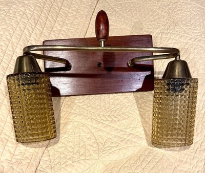 MCM Asymmetrical Dual Head Wall Sconce Wood/Brass /Amber Hobnail SCANDI WORKS