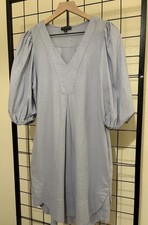 For Cynthia Blue grey Solid Shift Dress V-Neck Puff 3/4 Sleeve Linen Pockets XS