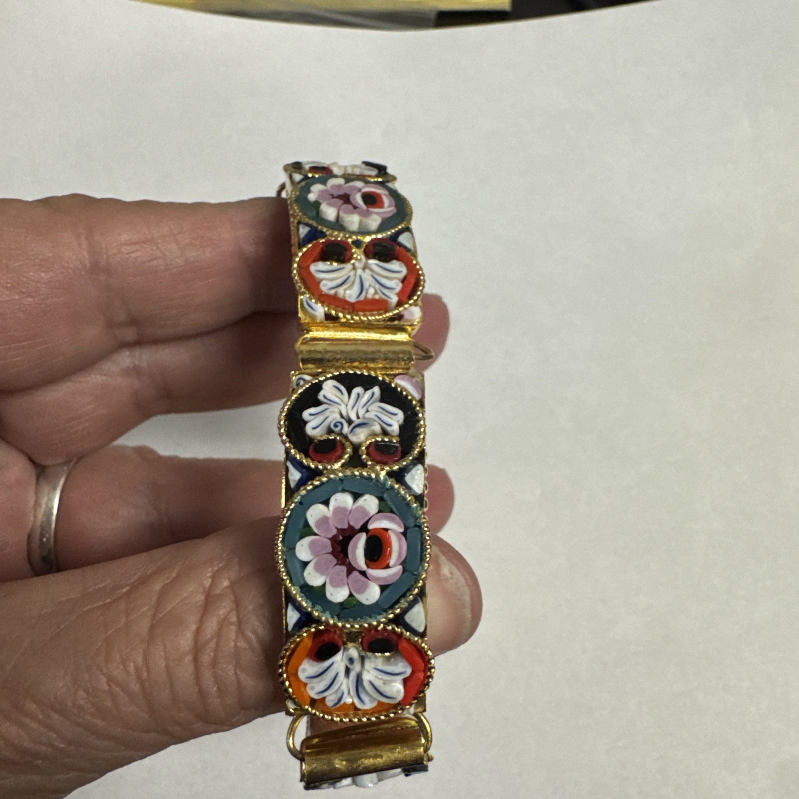 Vintage Multicolored Micro Mosaic Bracelet Gold Tone Panel Links 7.5