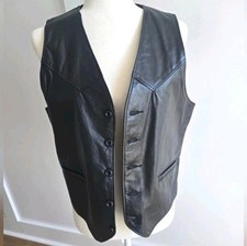 Vintage Black Leather Button-Up Vest, Size 38