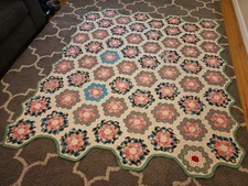 Vintage 1930's Handmade Handsewn Granny's Garden Quilt 76"x82" Hexagon Quilt