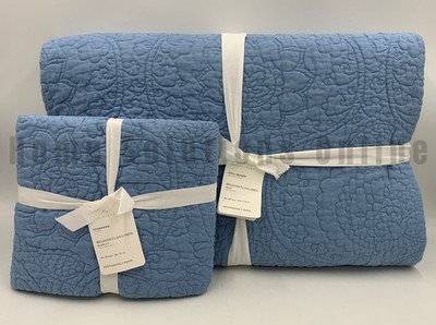 Pottery Barn Belgian Flax Linen Floral Queen Quilt 2 Stnd Sham Cornflower #T1210
