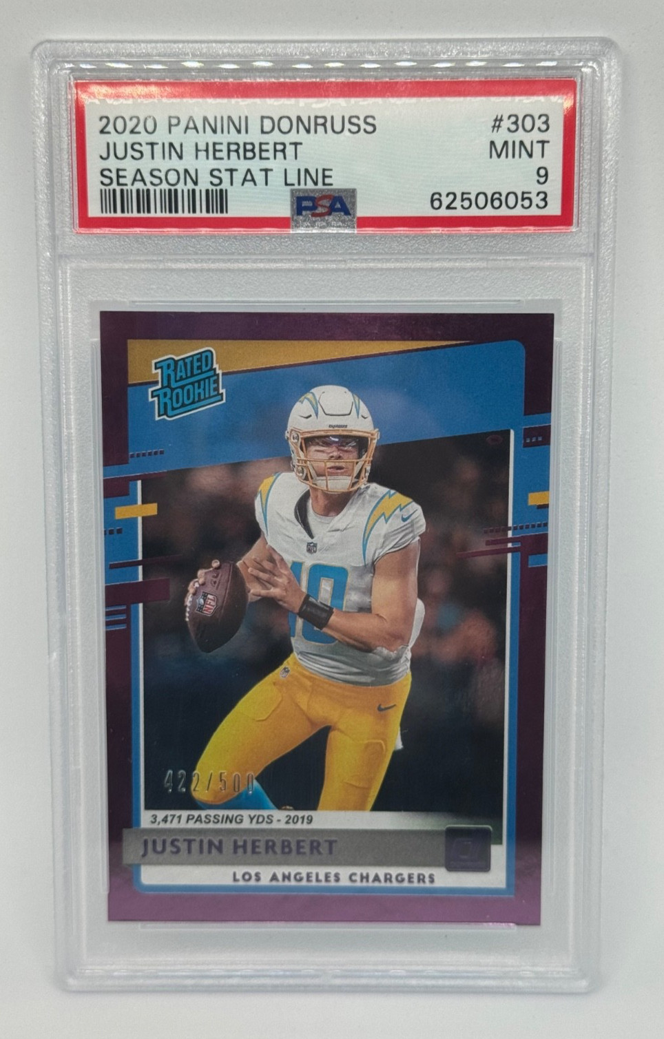 2020 Panini Donruss Justin Herbert Rated Rookie Season Stat Line #303 /500 PSA 9