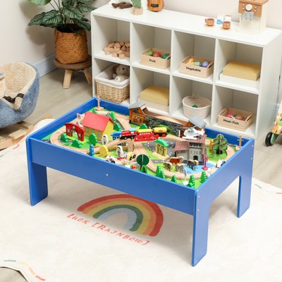 AIYAPLAY Spieltisch, 108-teiliges abnehmbares Eisenbahn-Set aus Holz, Blau