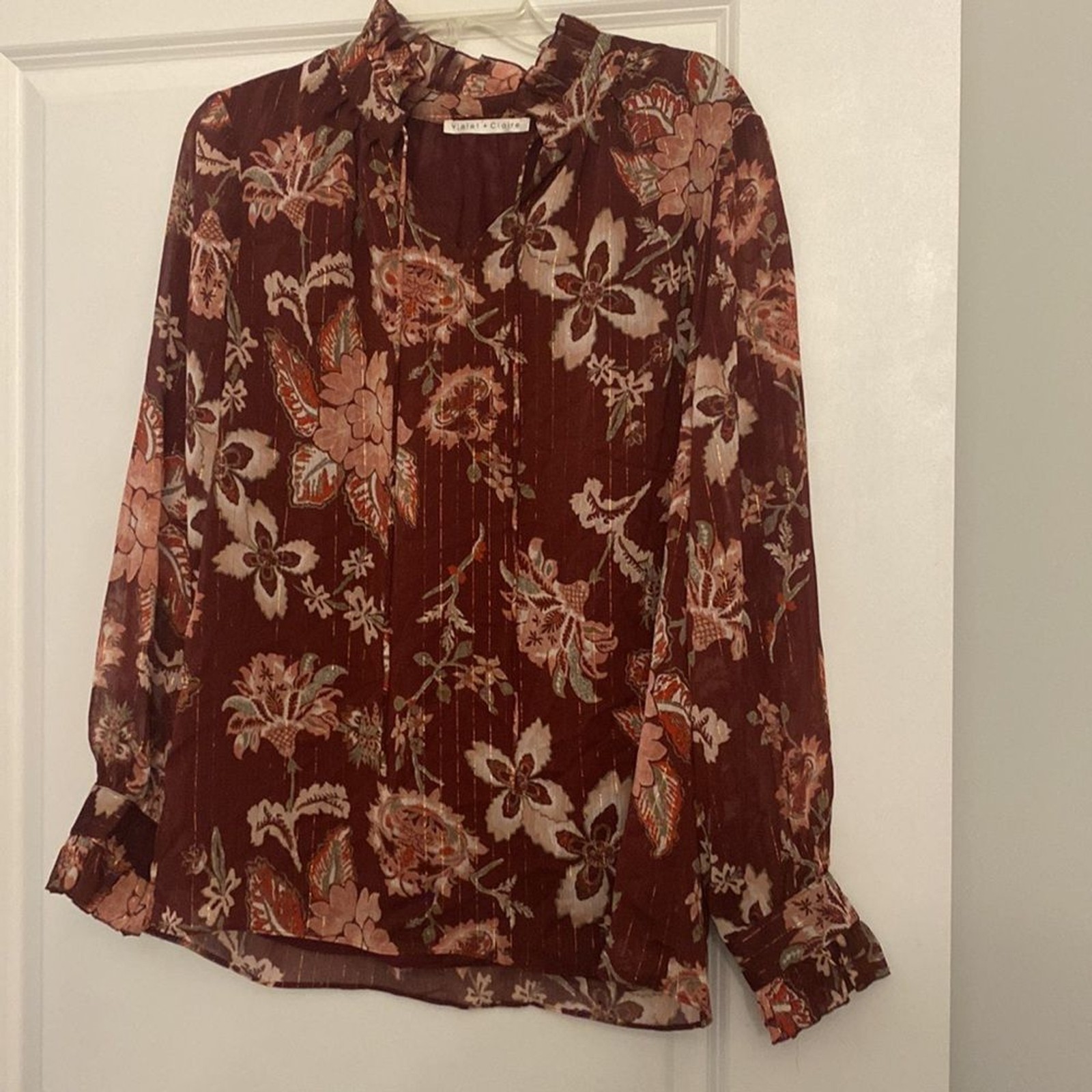 Violet + Claire Floral Glitter Striped Blouse Tie Front Long Sleeve - Size L