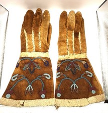 ANTIQUE NATIVE AMERICAN BEADED LEATHER GAUNTLET GLOVES FLORAL DESIGN 1900 - 1910