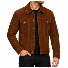 Chaqueta de camionero de cuero de gamuza genuina marrón informal abrigo clásico occidental para hombre nueva