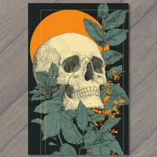 Art Print Skull Surrounded by Leaves Orange Sun Botanical Gothic Dark Art