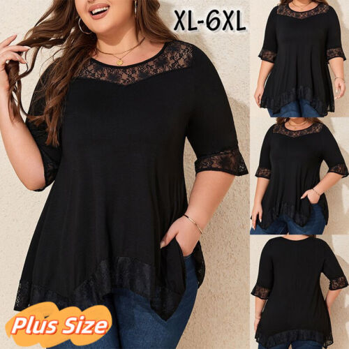 Plus Size 18-28 Womens 3/4 Sleeve Lace V Neck T-Shirt Ladies Tunic Tops Blouse