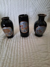 Set of 3 Black Miniature Asian Design Vases - Peacock, Butterflies & Hummingbird