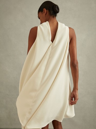 REISS Shauna High Neck Drape Back Mini Dress in Ivory - Picture 4 of 7