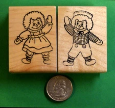 Raggedy Ann and Raggedy Andy Rubber Stamp Set of 2, Wood Mounted