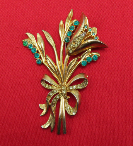 Vintage Antique Rhinestone Brooch Flower Clear Green Crystal 3.75 in OOAK 253f - Picture 2 of 14