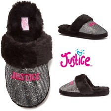 Justice Girls Slip-on Scuff Slippers Size 13/1 Black/Silver Sequins NEW