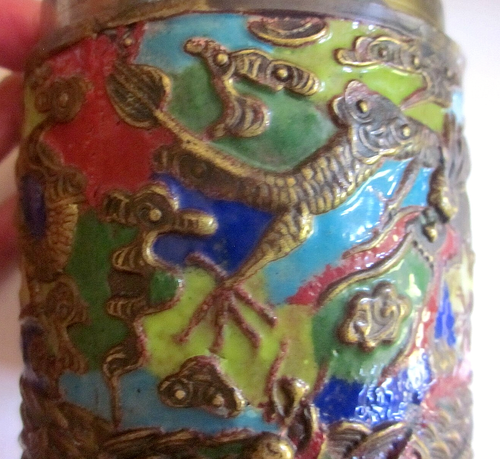 Antique cloisonne enamel covered jar signed China dragons bugs & creatures - Picture 6 of 7