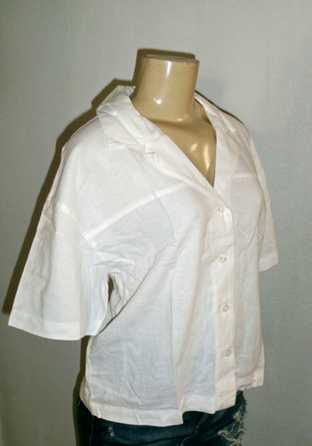 NWT WOMENS BANANA REPULIC WHITE LINEN BLEND SHORT SLEEVE BUTTON DOWN BLOUSE L - Picture 6 of 6