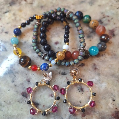 3 Stretch Bracelets With A Planetary Look Stretch Style W/ Handmade Hoop...