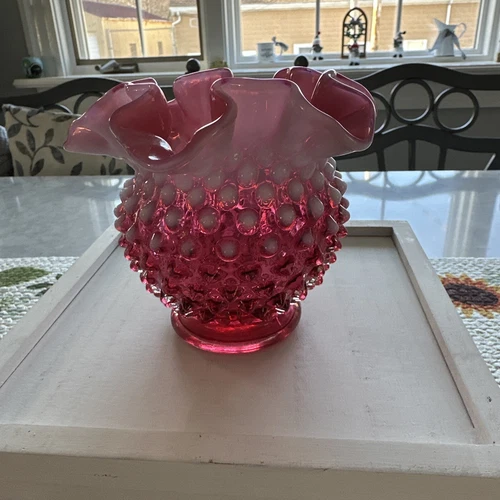 Fenton #3854, Cranberry Opalescent Hobnail Vase, 5" Glass Collectible 1940-69