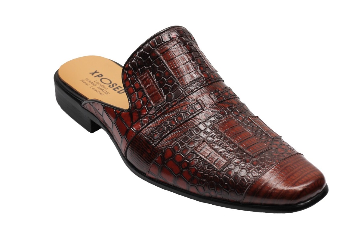 Mens Brown Crocodile Printed Real Leather Half Shoes  display picture 1