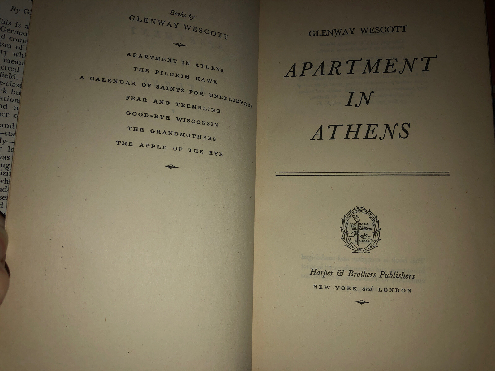 Apartment in Athens. Glenway Wescott. 1945 WWII German Treatment of the Greeks eBay