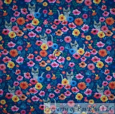 BonEful FABRIC FQ Cotton Quilt Blue Scenic Flower Cat Folk Art Country Garden UK