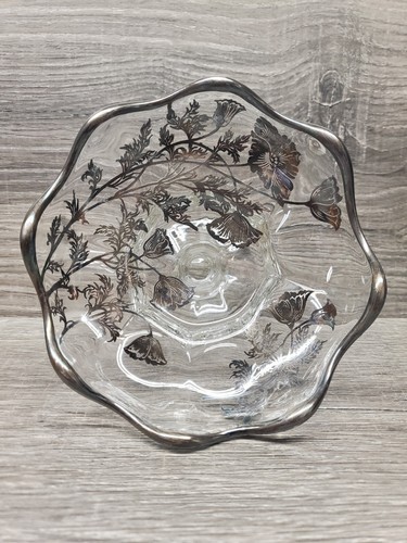 Vtg Silver City Flanders Glass Candy Dish Bowl Compote Poppy Silver Decorated - Picture 3 of 5