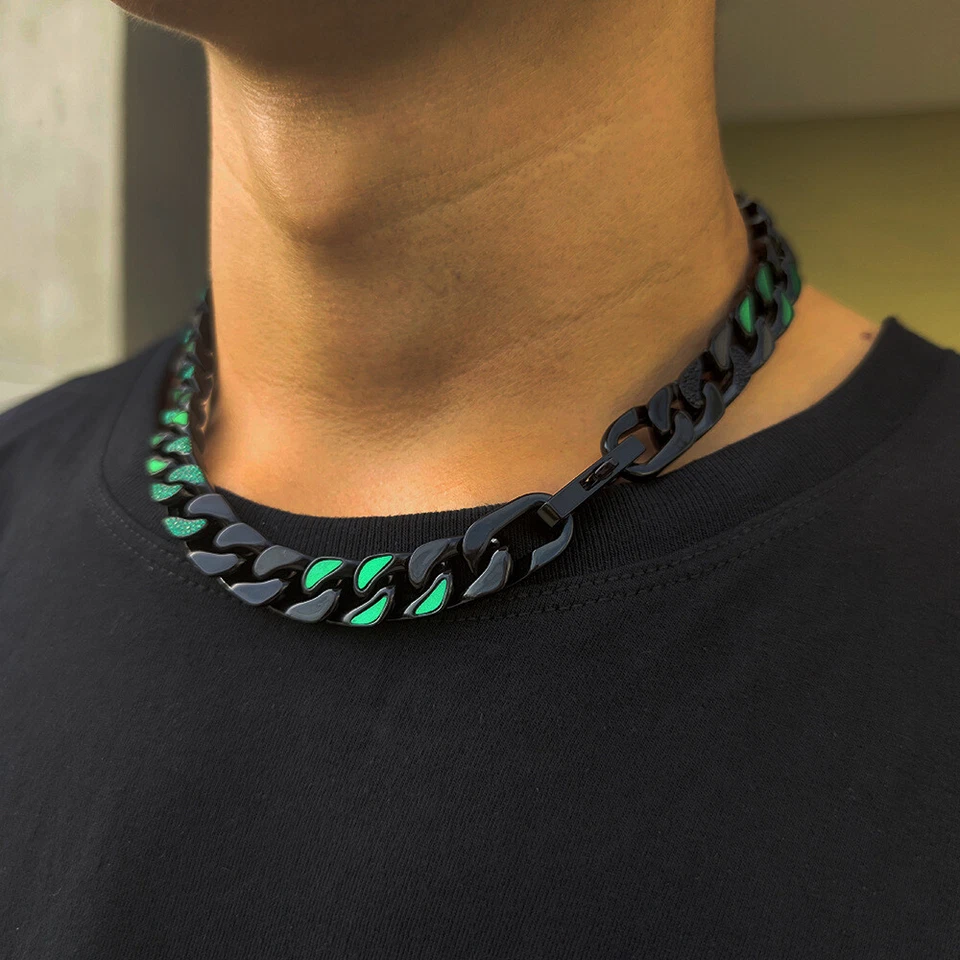 Colar de corrente cubana de aço inoxidável preto verde hip hop joias masculinas legais - Imagem 2 de 4