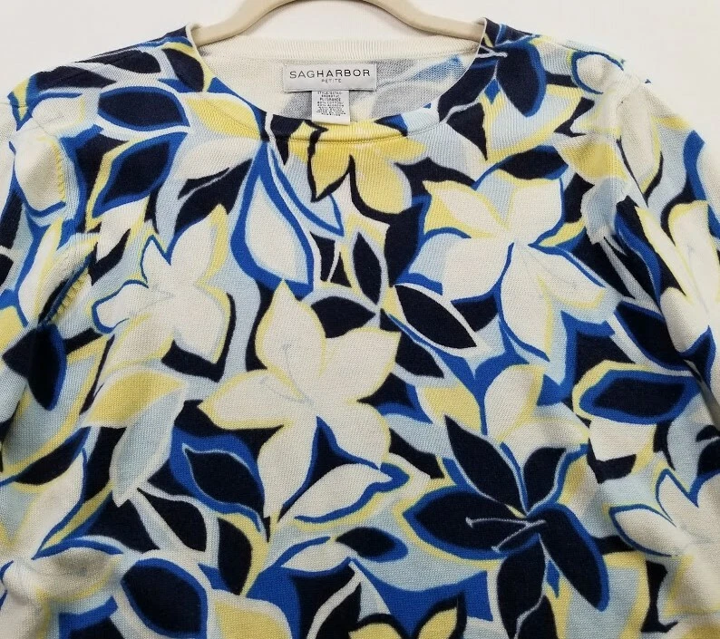 Suéter Sag Harbor Mujer PL Pequeño Grande Amarillo Azul Floral Mangas 3/4 Tejido Top Foto 2 de 4