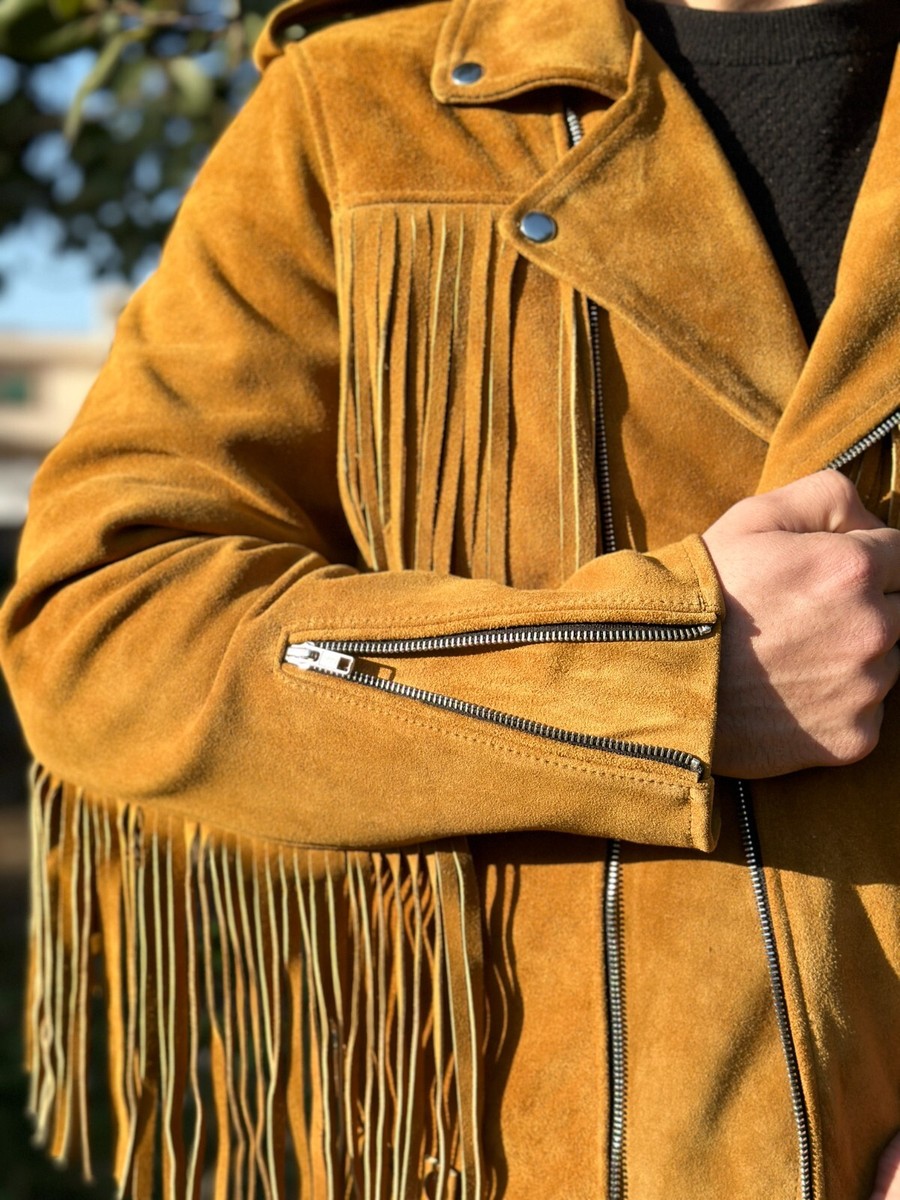 Men's Suede Brown Leather Fringe Jacket Motorcycle Biker