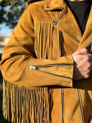 Men's Suede Brown Leather Fringe Jacket Motorcycle Biker