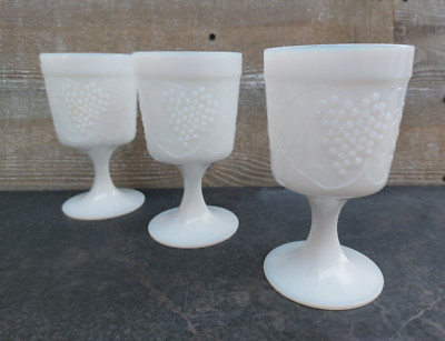 VINTAGE WHITE AND OPAL MILK GLASS-STEMMED GOBLET- DRINKING GLASSES-SET OF 3
