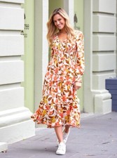 Leoni Dress Floral Shirred Long Sleeve Size AU 14/ US 10 Boho Summer