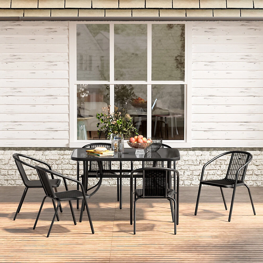 Rectangle Metal Garden Patio Furniture Set 4 6 Seater Parasol Table And Chairs