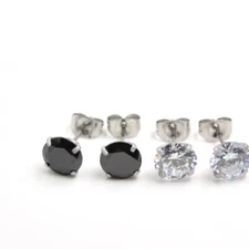 A Pair Women Men Black Stainless Steel Prong Round CZ Stud Earrings 3/4/5/6/8mm