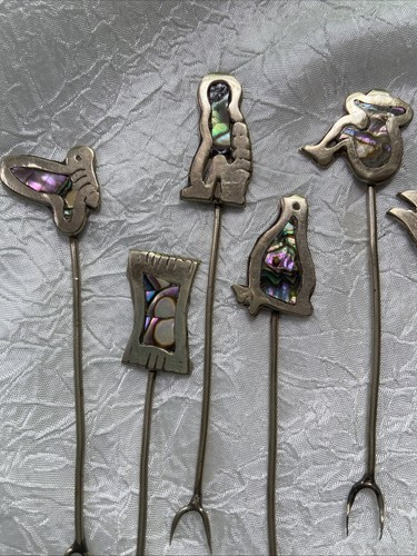 Vintage Taxco Mexico Alpaca Silver & Abalone Charcuterie Forks, Animals & Shapes - Picture 5 of 5