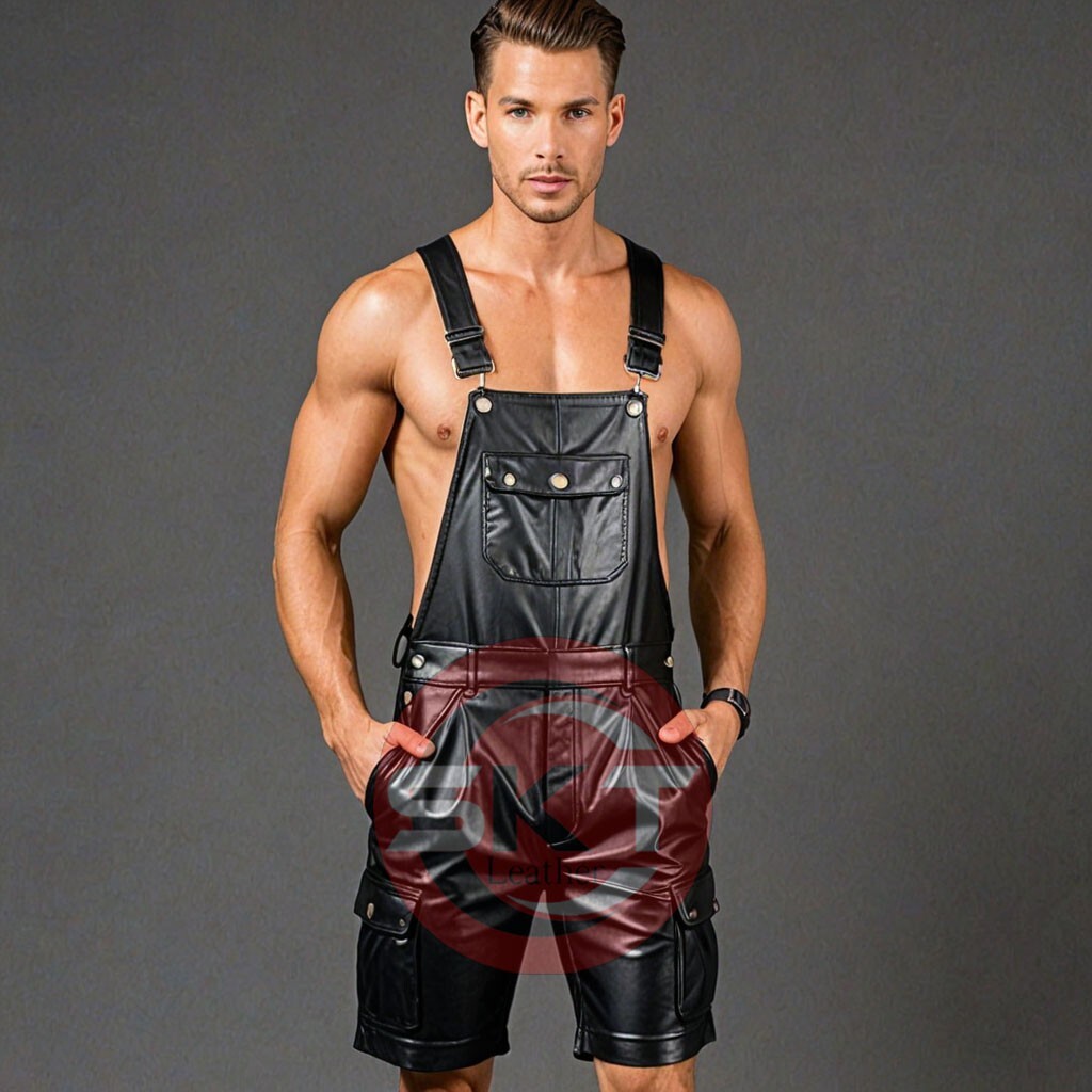 Men's Genuine Leather Black Cargo Overall Bib Romper Shorts
