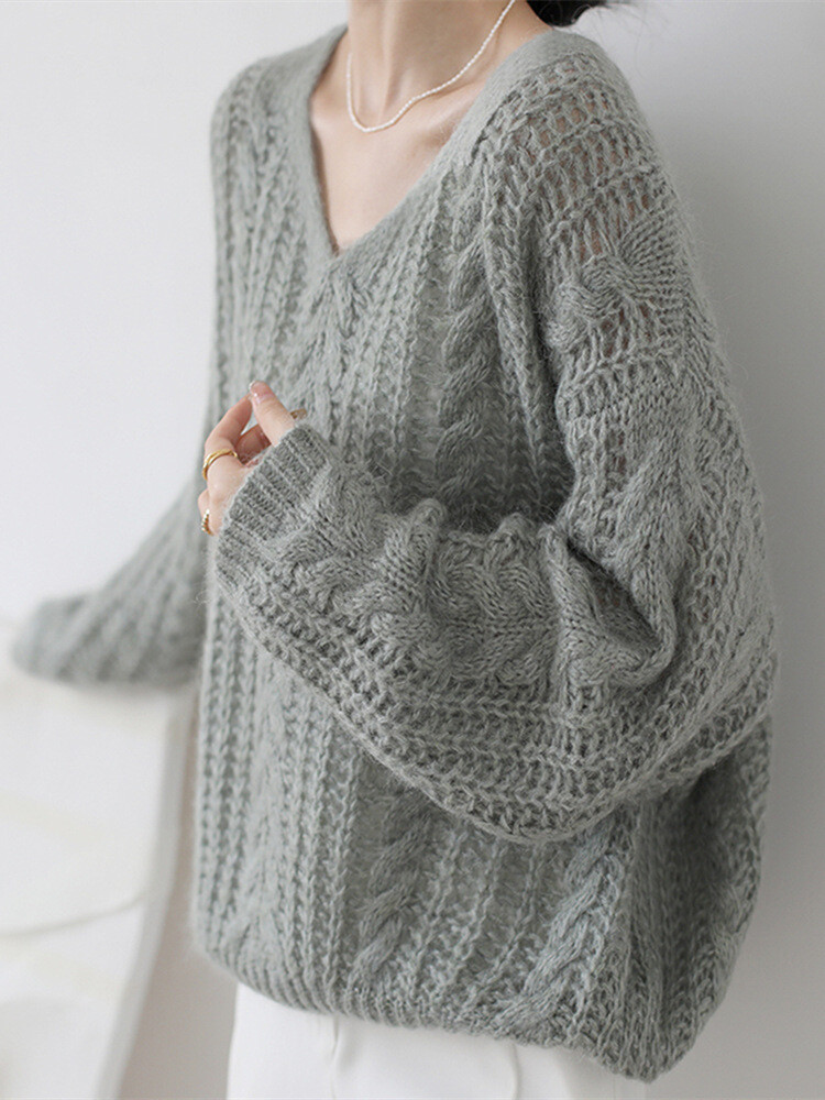 Sweater Gentle Temperament V-Neck Hollow Out Knit Sweater for Women-image