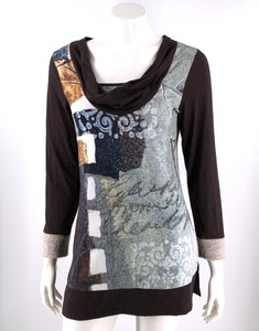 Simply-Art-Dolcezza-Tunic-Top-Size-Small-Brown-Blue-Artsy-Cowl-Neck-Shirt-Womens