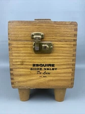 Vtg Wood Esquire Valet De Luxe Shoe Shine Box Storage Lock Hinged Footed