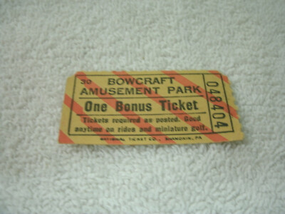 (1) Bowcraft Amusement Park - Bonus Ticket - RT 22 - Scotch Plains, NJ--Original