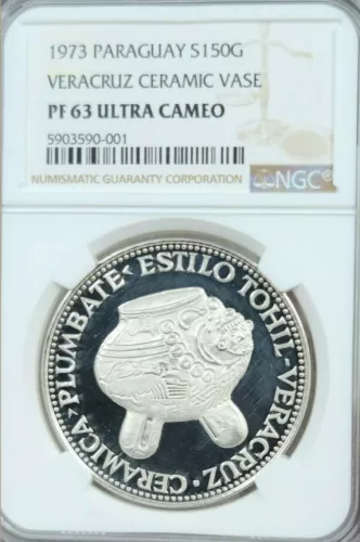 1973 PARAGUAY SILVER 150 GUARANIES VERACRUZ CERAMIC VASE NGC PF 63 ULTRA CAMEO